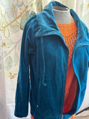 Teal Velour Tracksuit Set – Zip Jacket & Pants – White Stag – Small